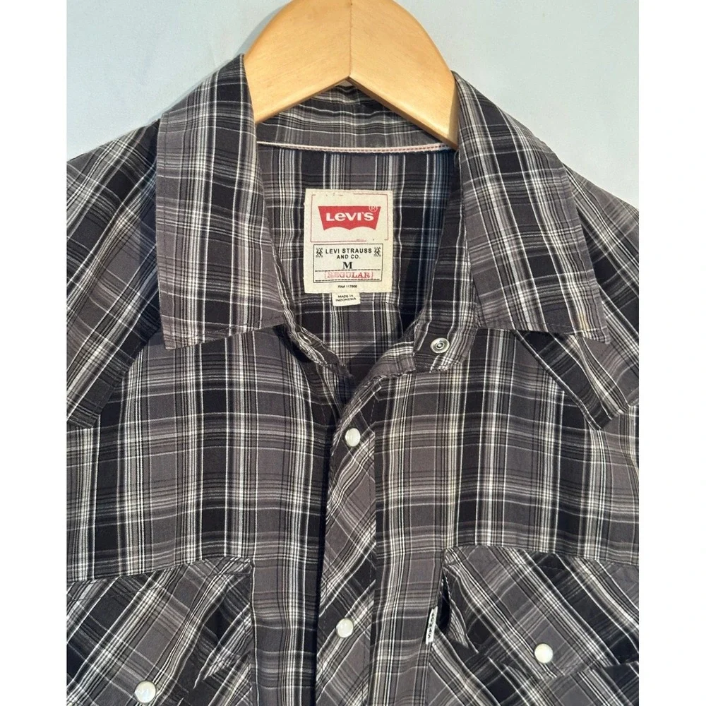 Levis Mens Red Tab Western Pearl Snap Shirt Plaid Black Grey‎ White Medium